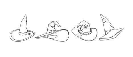Set collection of witch hat, wizard hat. Editable line and colored. Graphic illustration. vector
