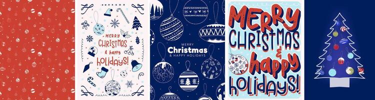 Set of Colorful and Fun Christmas Greeting Card Posters in blue and red color motif, with xmas decorative elements and hand drawn decorations. Festive Merry Christmas Designs and backgrounds. vector