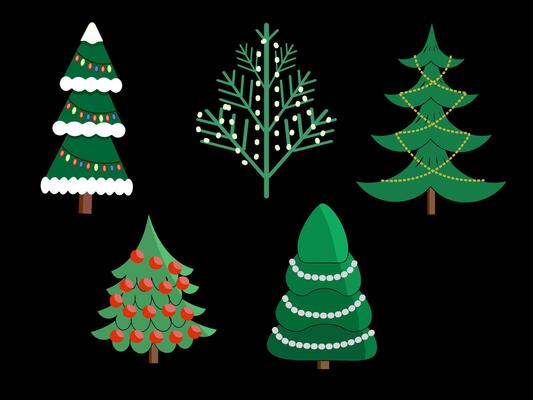 Set of different, Christmas trees with garlands