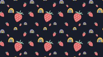 Pattern with strawberries and rainbows on black vector