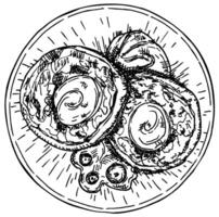 Pancakes on a plate sketch. Tasty pancakes with sour cream or cream and berries. Hand drawn sketch by ink vector