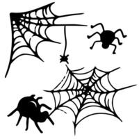 Monochrome spider web, web spider doodle icon set for Halloween. Outline illustration collection isolated on white background. Hand drawn cute elements for decoration. vector