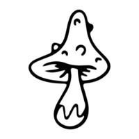 Toadstool mushroom with spots on the hat, black and white illustration in line art style. Toxic mushroom vector