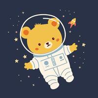Flat illustration in children's style. Cute bear cub in spacesuit flying in space, stars and planets vector