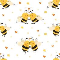 Seamless pattern. Milfe happy bees hugging and kissing, daisies and hearts. vector