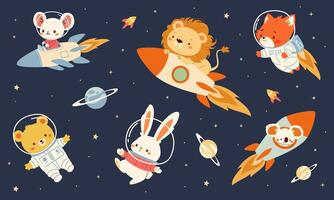 A collection of flat illustrations in children's style. Cute animals flying in spacesuits and on a rocket. Lion mouse bunny koala fox bear cub vector
