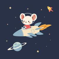Flat illustration in children's style. Cute mouse flying on a spaceship through space, stars and planets vector