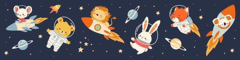 A collection of flat illustrations in children's style. Cute animals flying in spacesuits and on a rocket. Lion mouse bunny koala fox bear cub vector