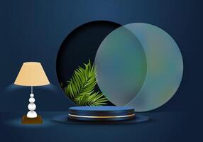 Blue Stage and Table lamp on a dark blue background with natural shadows. Three dimensional illustration for showing your products. vector