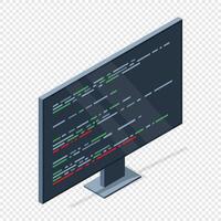 Isometric monitor with program code on screen. Programming concept. Web development. illustration vector