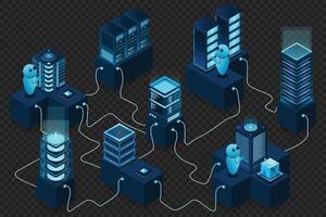 3d isometric concept big data center with server. Cloud computing. Network mainframe infrastructure. Isometric high technology concept vector