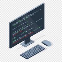 Isometric monitor with program code on screen. Computer programming with keyboard and mouse. Programming concept. Web development vector