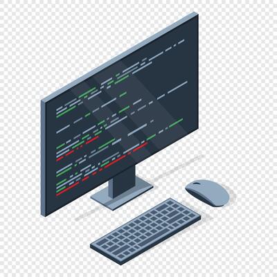 Isometric monitor with program code on screen. Computer programming with keyboard and mouse. Programming concept. Web development