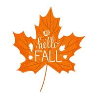 Hello, fall calligraphy. Cute autumn hand draw lettering illustration. Happy autumn. Autumn banner. Maple leaf with watercolor effect. vector