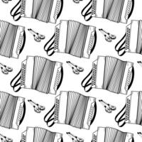 Folk musical instruments, accordion, accordion, wooden painted spoons, all objects are hand drawn in . Seamless pattern. Suitable for printing on fabric, paper, for poster design vector