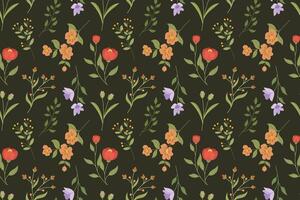 a pattern with flowers and leaves on a dark background vector