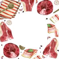 Meat, meat products, pork, beef, lard and bacon, steaks, striped towel, spoon, pepper and garlic. All objects are hand-drawn with watercolor. Round frame for food packaging design, menu vector