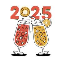 Clean Illustration Clinking Juice Glasses with Bubbly Drinks and 2025 in Shiny Effect vector