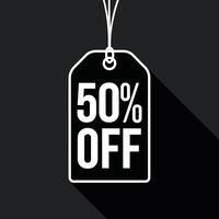 Hanging Black Friday Sale Tag, 50 percent Off Label Displayed on a Dark Background vector
