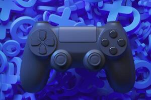 Black joystick isolated on blue background with symbols. 3d rendering photo