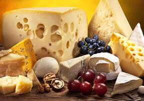 Different types of cheese over old wooden table. photo