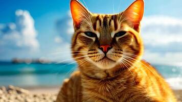 A tabby cat is lying on the beach, its paws extended in front of it, Ai Generated video