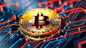 Discover a vibrant bitcoin glow against a tech backdrop with forex trends and dynamic arrows. video