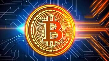Glowing digital coin shines against a dark tech backdrop, symbolizing the power of virtual currency and innovation. video