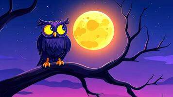 Experience a magical Halloween night with a whimsical owl under a glowing moon in this charming AI art illustration. video