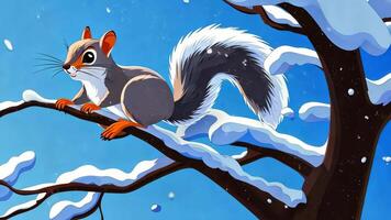 A nimble gray squirrel leaps through snowy branches, showcasing its acrobatic skills in a charming cartoon landscape. video