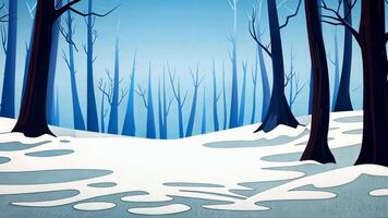 Discover a vibrant winter forest backdrop, where snowladen trees meet a whimsical, cartoonstyle illustration. video