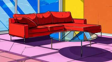 A spacious room features a sleek sectional sofa paired with a mirrored coffee table, blending style and comfort. video