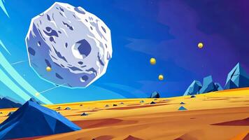 A giant asteroid zooms past Earth in a vibrant cartoon scene, showcasing a thrilling cosmic encounter in a flat design style. video
