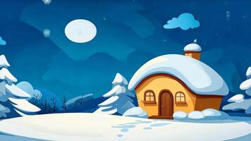 A cozy house in a snowfield, blending warmth and charm in a modern cartoonstyle illustration. video
