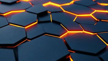 Experience a stunning 3D rendering of a futuristic hexagonal surface adorned with glowing orange cracks set against dark metal. video