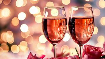 Romantic evening set with wine glasses and rose petals, bokeh illuminating the scene, Ai Generated. video