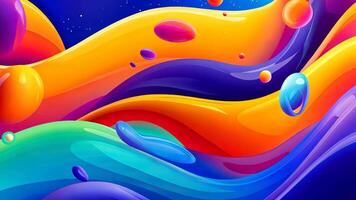 Explore a vibrant cosmic scene where colors blend in fluid patterns, illuminated by glimmering lights and floating bubbles. video
