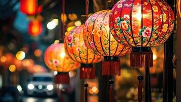 Red lanterns cast a soft glow, enhancing the festivity of the evening, Ai Generated video