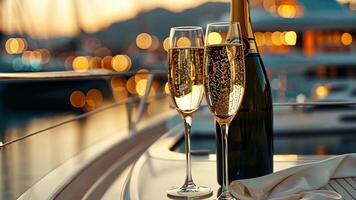 Champagne glasses and bottle elegantly set, with a bokeh yacht backdrop adding allure, Ai Generated. video