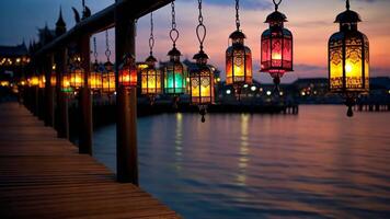 Red lanterns cast a soft glow, enhancing the festivity of the evening, Ai Generated video