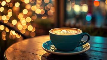 A cup of coffee on a saucer on a table in a cafe, Ai Generated video