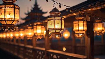 Red lanterns cast a soft glow, enhancing the festivity of the evening, Ai Generated video
