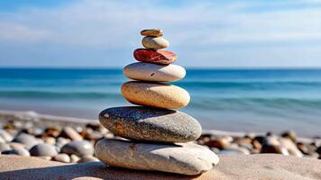 This image shows a stack of rocks on a beach next to the ocean, Ai Generated video