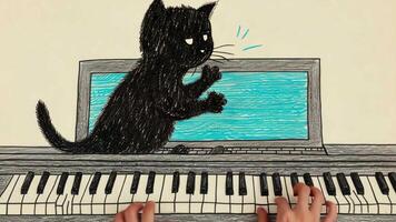 A quirky black cat playfully scratching a piano, showcasing its love for music and mischief in a charming handdrawn style. video