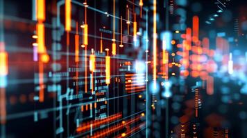 A vibrant digital bitcoin emits a glow, set against a techinspired backdrop with dynamic forex charts and arrows. video