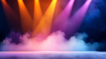 A surreal stage scene shrouded in mist, where dramatic spotlights pierce through the fog, creating an abstract gallery of light. video
