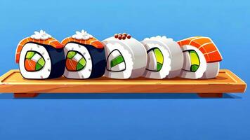 A vibrant sushi platter with diverse rolls, highlighting artistic presentation and rich colors in a modern cartoon style. video
