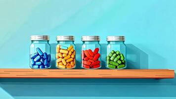 A vibrant collection of pills displayed in clear jars, adding a pop of color to a rustic wooden shelf. video