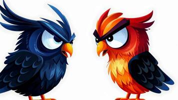 A whimsical scene of fantasy owls snarling at each other, set against a clean white background. Eyecatching cartoon style video