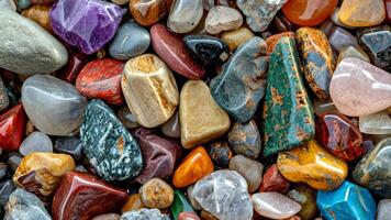 Captivating beach treasure with a pile of semi-precious and precious gemstones, glistening in the sunlight, Ai Generated. video